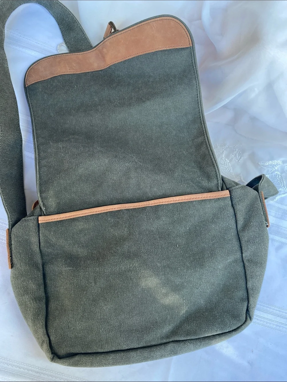 L.L. Bean Olive Canvas Messenger Bag with Brown Leather Trim